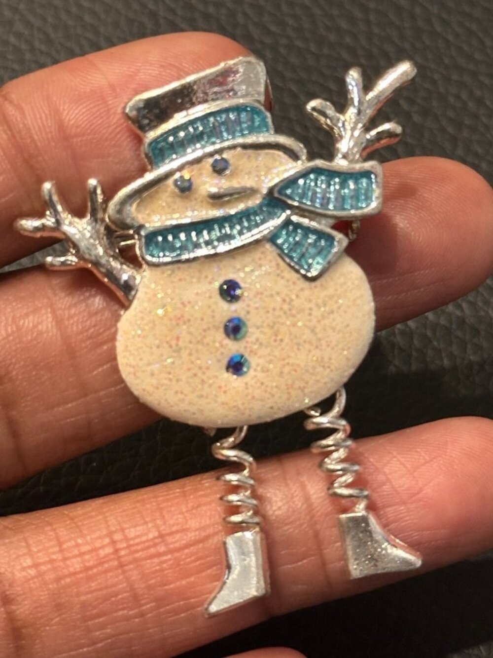 3/$30 Snowman Brooch Silver Tone Cream Blue Glitter Moving Legs Christmas Pin